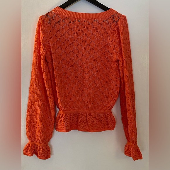 Anthropologie Sweater Flounce-Hem Pointelle Pullover Ruffle Tangerine Large NWT - Picture 8 of 12